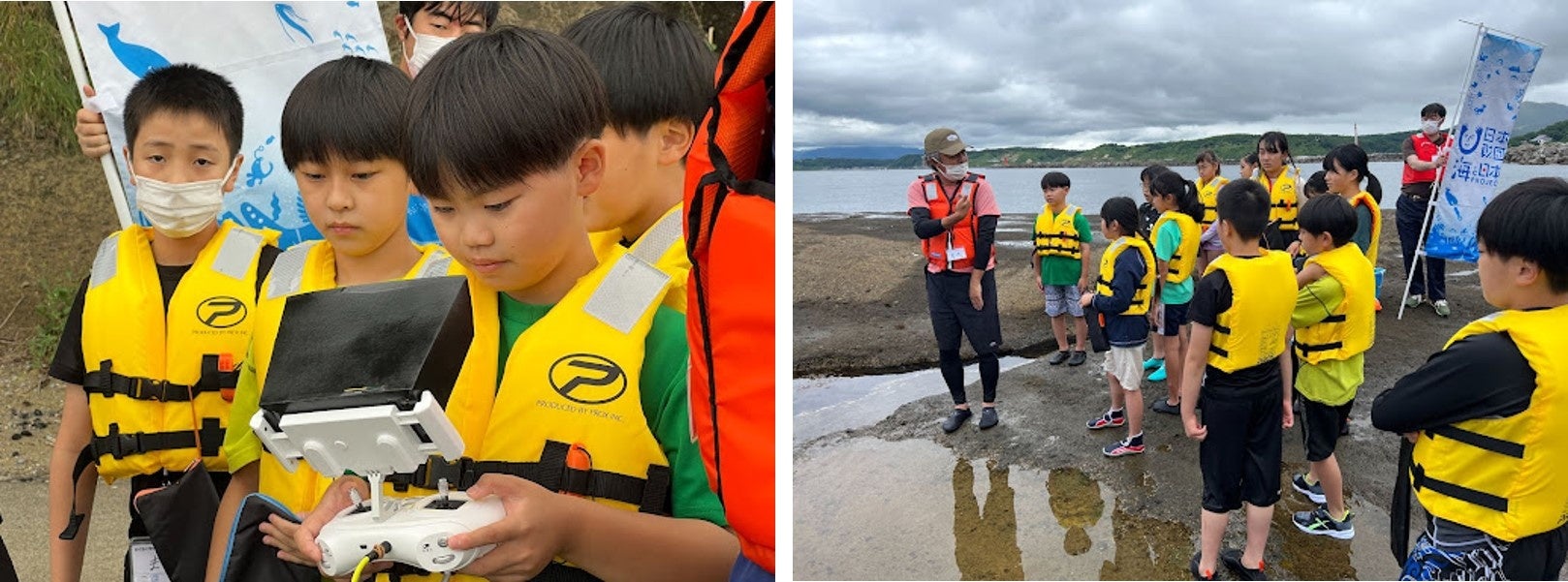 (写真左:水中ドローン操縦に挑戦)(写真右:大ダコの話に興味津々)