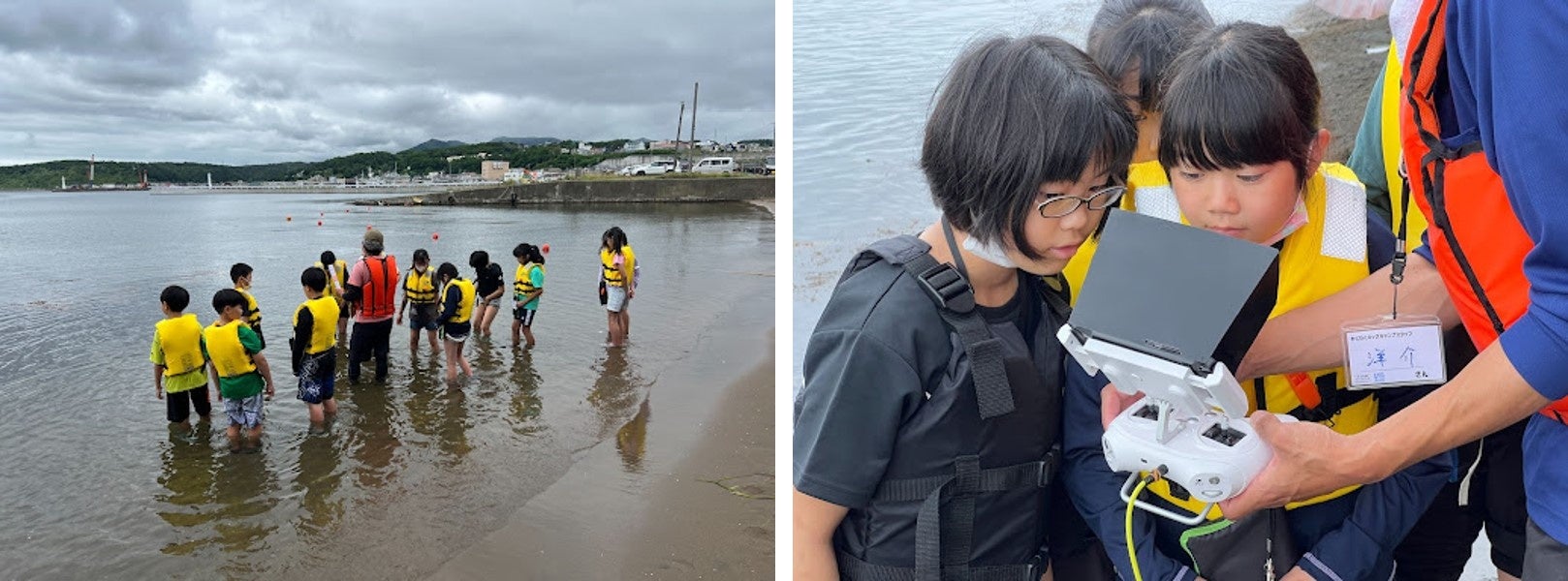 （写真左：まずは海に入って藻場観察）（写真右：水中ドローンでカシパン観察）