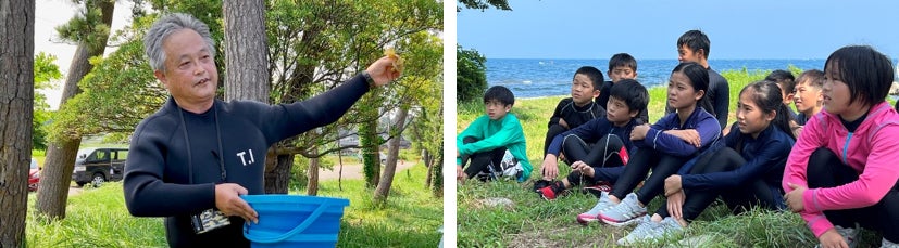 写真左：“能登の海藻博士“池森貴彦さん　写真右：勝尾崎の海に潜り、海藻の種類を学ぶ