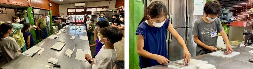 写真左:能登島荘の厨房で「さばける塾」 写真右:サゴシの三枚おろしに挑戦!