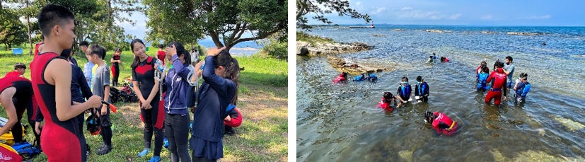 写真左:スノーケルやゴーグルなどの器材を装着 写真右:スノーケリングでの海の生き物観察