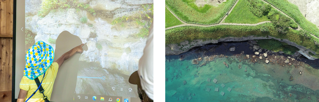 写真左：ハヤブサ休息地撮影に成功！　　写真右：綺麗な沿岸藻場データを収集