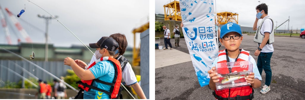 (左)釣り糸を垂らして30秒ほどで早くも釣れ始めます (右)たくさん釣れました!