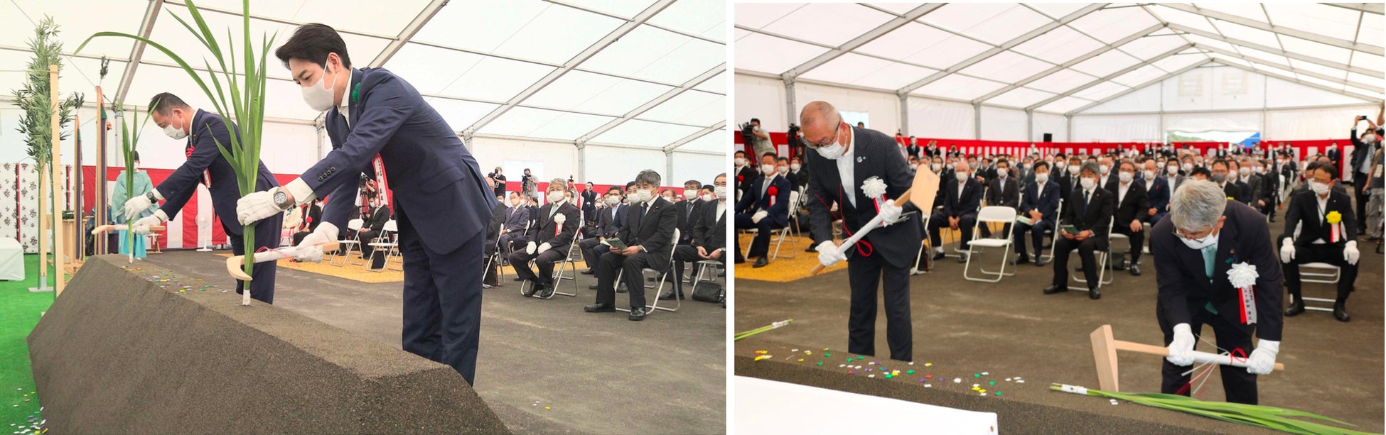地鎮行事を行う和田副大臣、鈴木知事、酒森町長、大樹町議会の安田議長(左から)
