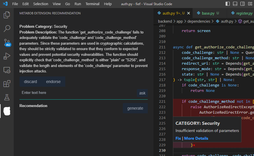 VSCode拡張機能上でコードエラーを特定し、推奨される解決策を提示