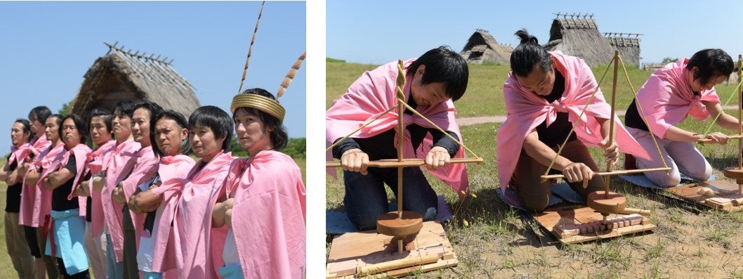 むきばんだ史跡公園にて、火起こしなど弥生人体験をするそっくりさん達