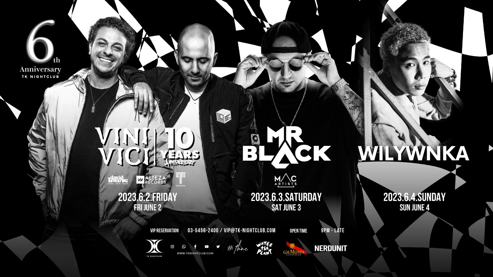 「TK NIGHTCLUB6周年アニバーサリー!VINI VICI、Mr. Black、WILYWNKAが出演決定!豪華アーティスト陣が熱狂を巻き起こす!」 「TK NIGHTCLUB6周年アニバーサリー!VINI VICI、Mr. Black、WILYWNKAが出演決定!豪華アーティスト陣が熱狂を巻き起こす!」