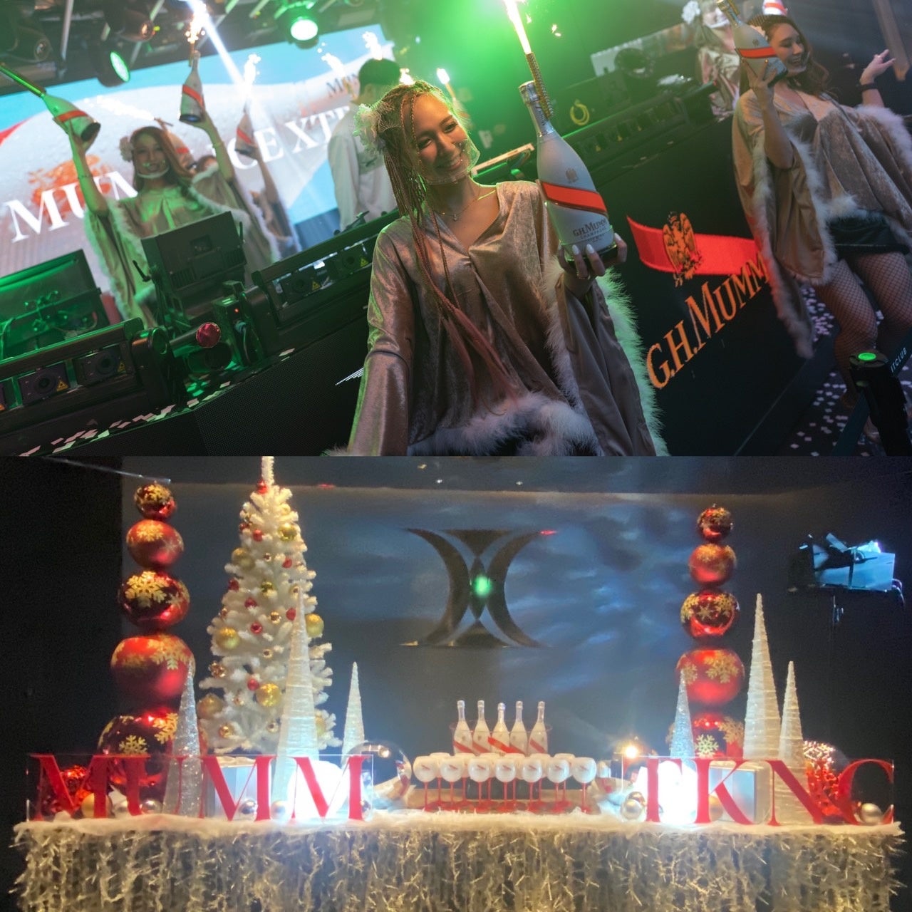 エントランスのホワイトクリスマス装飾&シャンパンタイム