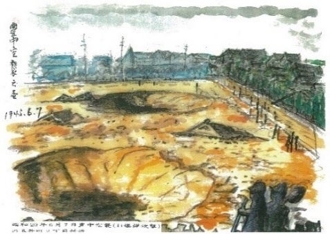昭和20年(1945年)6月7日空襲直後の玉井町2丁目の様子 (絵/故・澤田作哉)