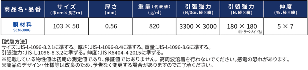 表２　膜材料規格表