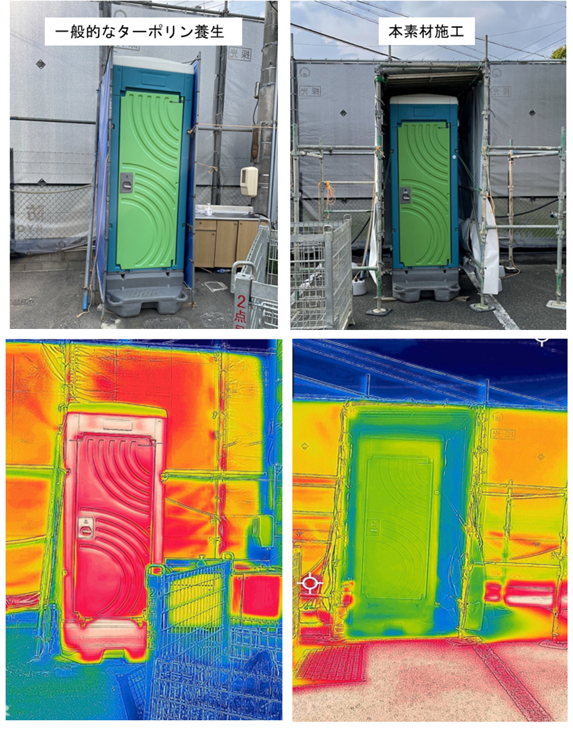 図2.　仮設トイレ用カバー（左：一般的なターポリン養生、右：「涼し～ト™」施工）