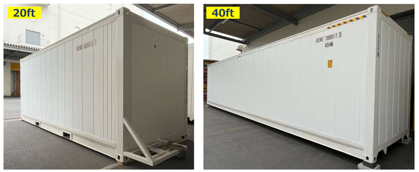 SPACECOOLを施工したLiBコンテナ（左：20ftコンテナ、右：40ftコンテナ）