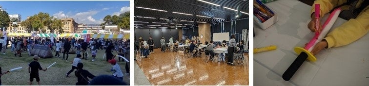 チャンバラ合戦の様子・刀づくりワークショップの様子