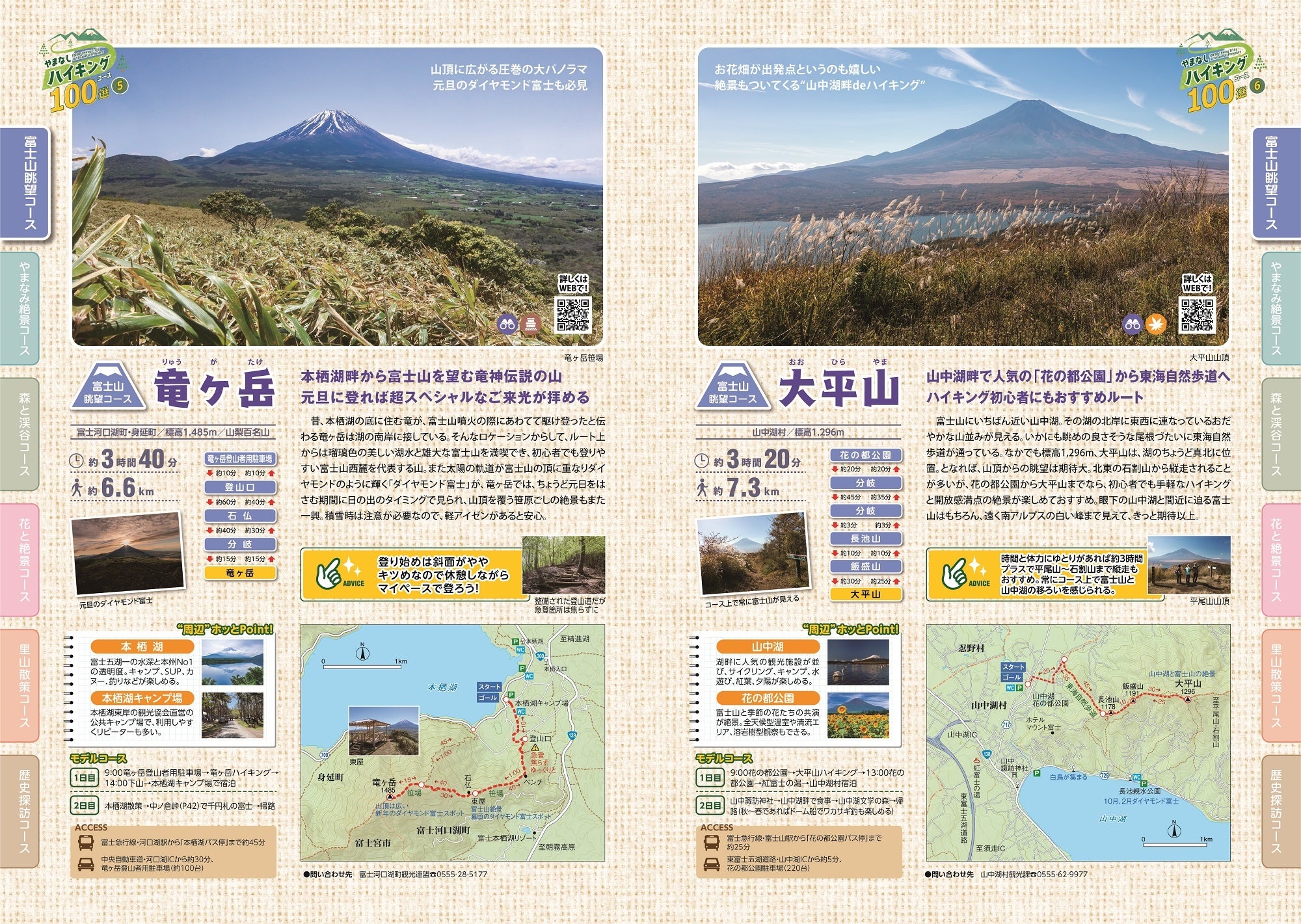 「やまなしハイキングコース100選」冊子見開きイメージ（富士山眺望）