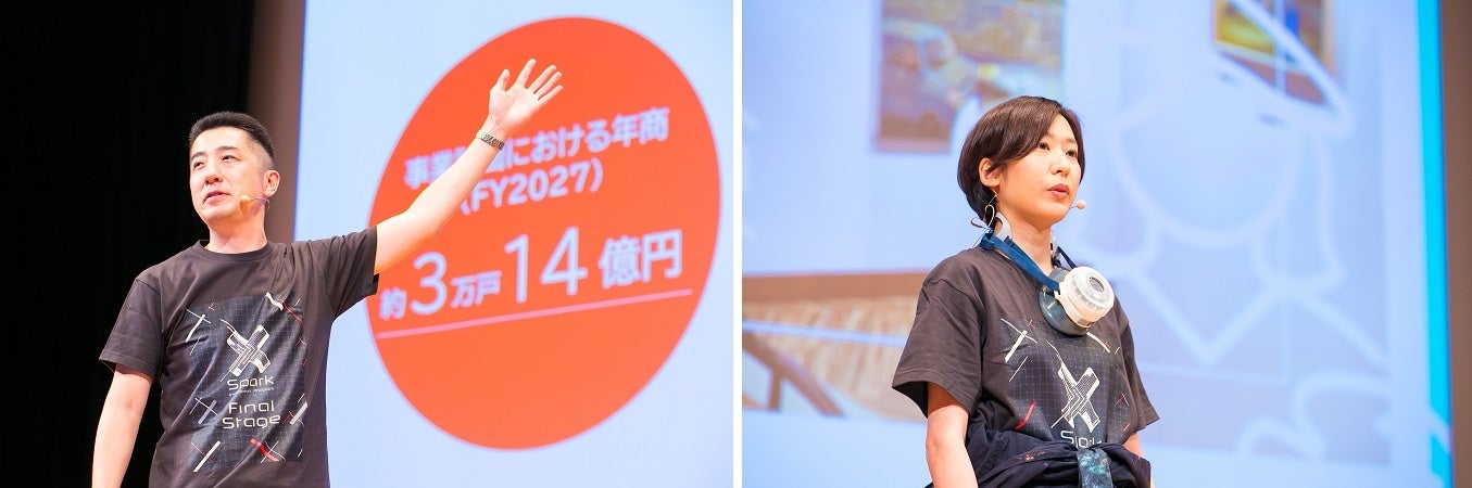 「マンション暮らしが変わる」チームプレゼン(左)   「美術業界補完計画」チームプレゼン(右)