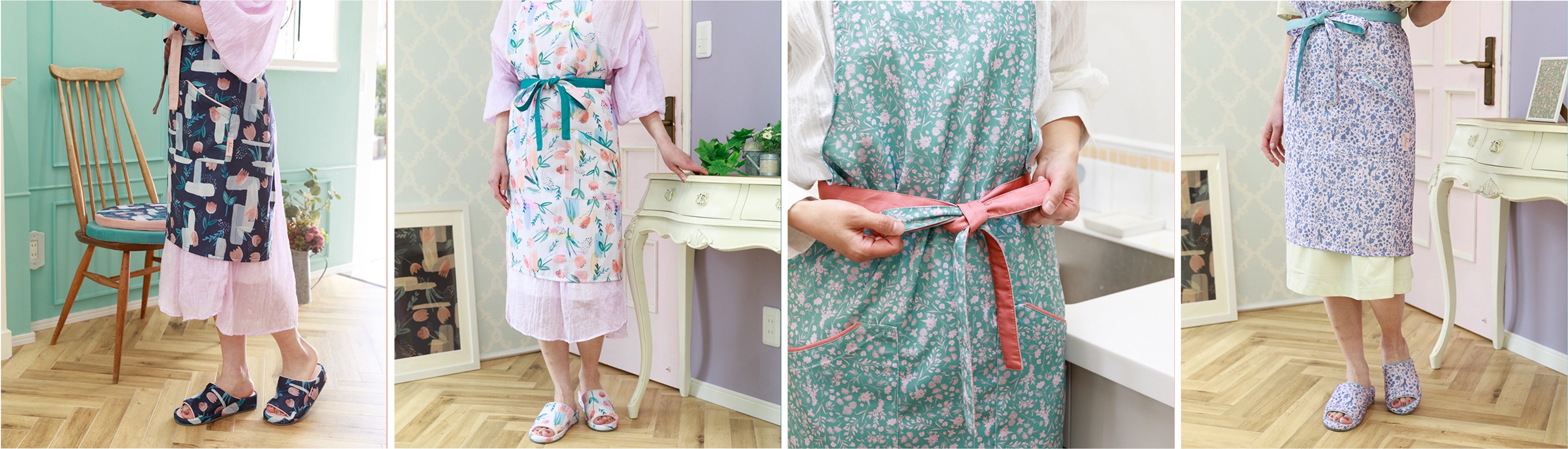 水彩花柄バッククロスエプロン（ネイビー、ピンク）／小花柄バッククロスエプロン（グリーン、ピンク）