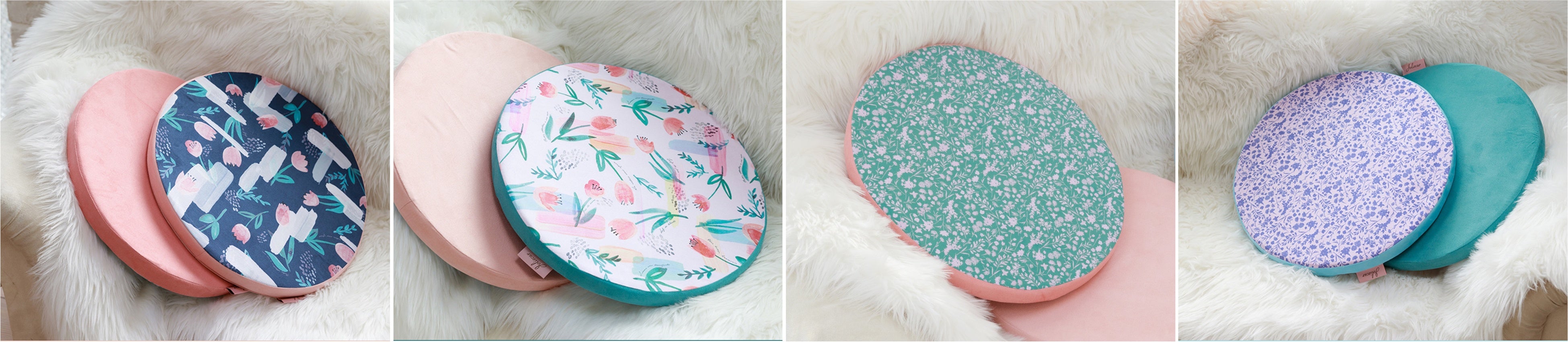 水彩花柄ラウンドクッション（ネイビー、ピンク）／小花柄ラウンドクッション（グリーン、ピンク）