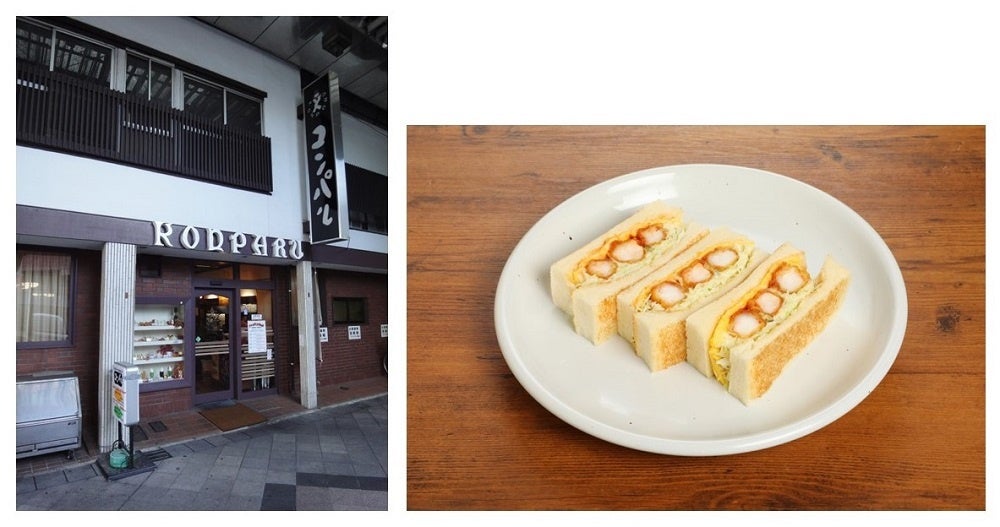 ＜左：店舗外観、 右：エビフライサンド＞