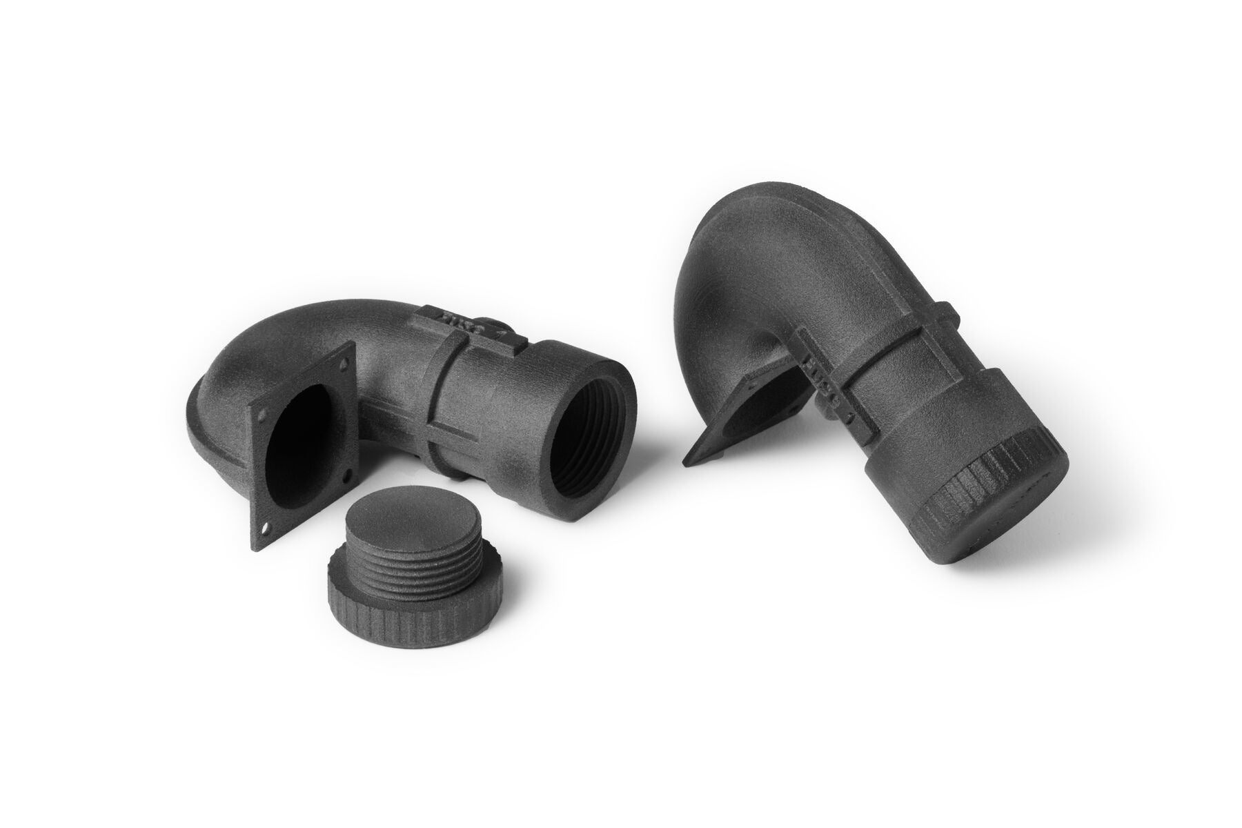 顧客向けNylon 12 GF製U字ダクトサンプル。 耐熱性と強度、ねじ付キャップの精度が検証できる。