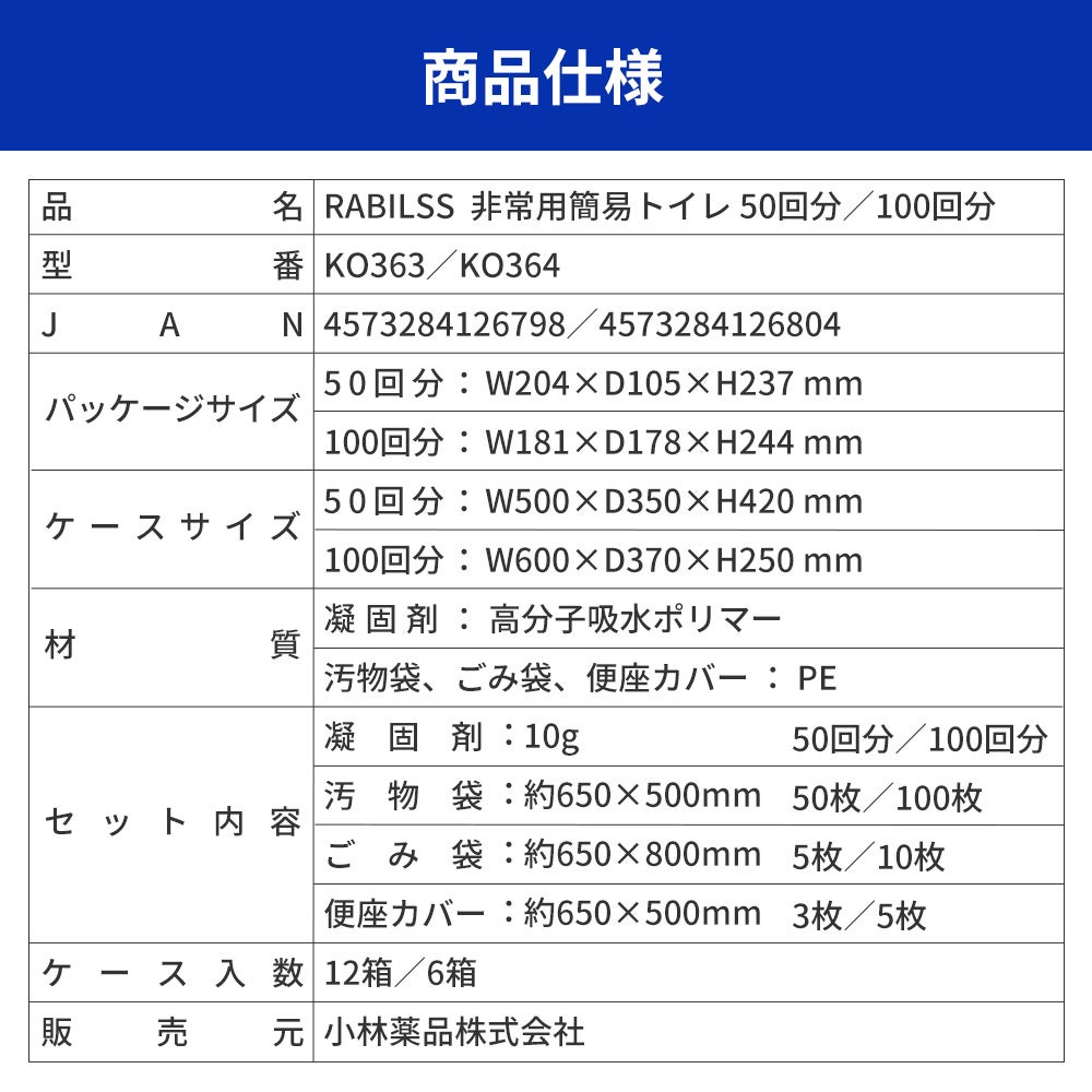 災害時のトイレ問題を解決！ 非常用簡易トイレ 50回分 / 100回分
