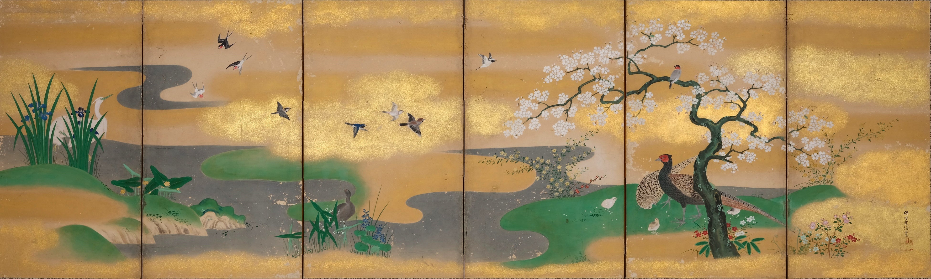 狩野柳雪匡信「花鳥図屏風」より右隻　永青文庫蔵（熊本県立美術館寄託）