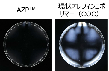 射出成形レンズの偏光観察 （複屈折により偏光が乱れると白い光漏れが観察される）