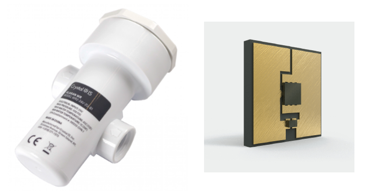 図1　流水殺菌器「Klaran WR」（左）世界最高水準の発光出力をもつUVC LED「Klaran LA」（右）