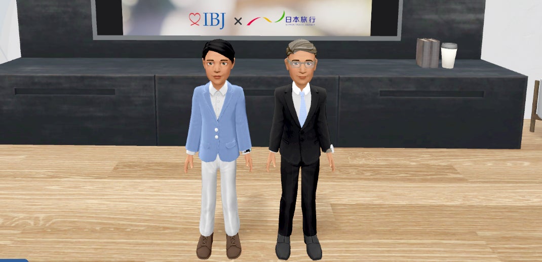 ※日本旅行が手掛けるメタバースコンテンツのイメージ(左:IBJ代表 石坂 茂、右:日本旅行代表 小谷野 悦光)