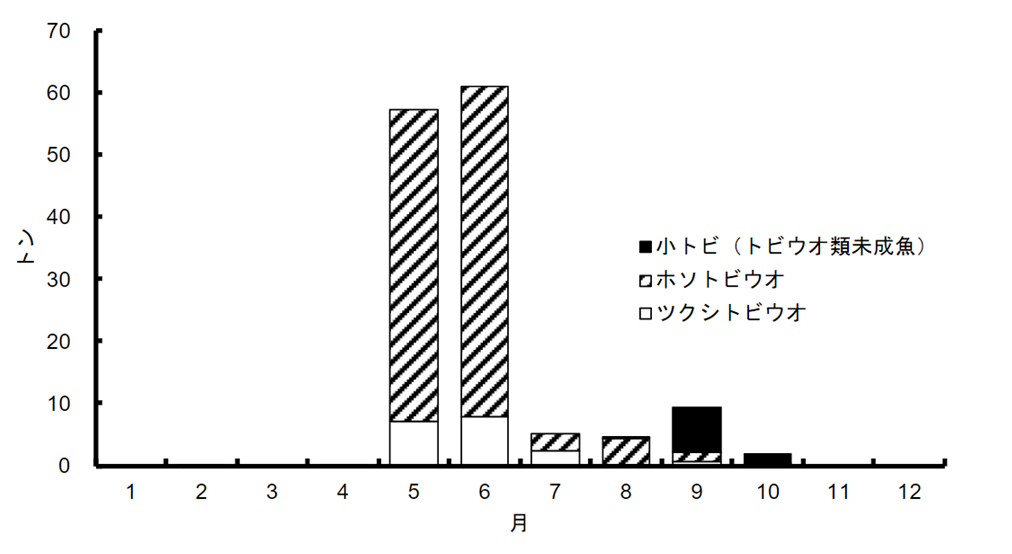 図1：北九州北西部海域の標本漁協（定置網）におけるトビウオ類漁獲量の月変化（2020年）  出典：水産資源研究所水産資源研究センター、長崎県総合水産試験場、佐賀県玄海水産振興センター、鹿児島県水産技術開発センター「令和2（2020）年度　資源評価調査報告書
