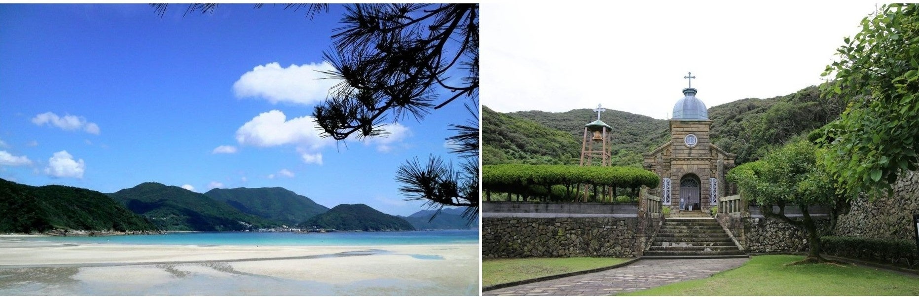 遠浅の美しい海「蛤浜海水浴場」と世界遺産・頭ヶ島の集落に佇む「頭ヶ島天主堂」