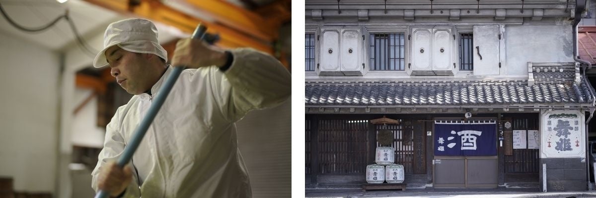 （左）株式会社舞姫　磯崎杜氏　仕込み作業風景・（右）株式会社舞姫　社屋