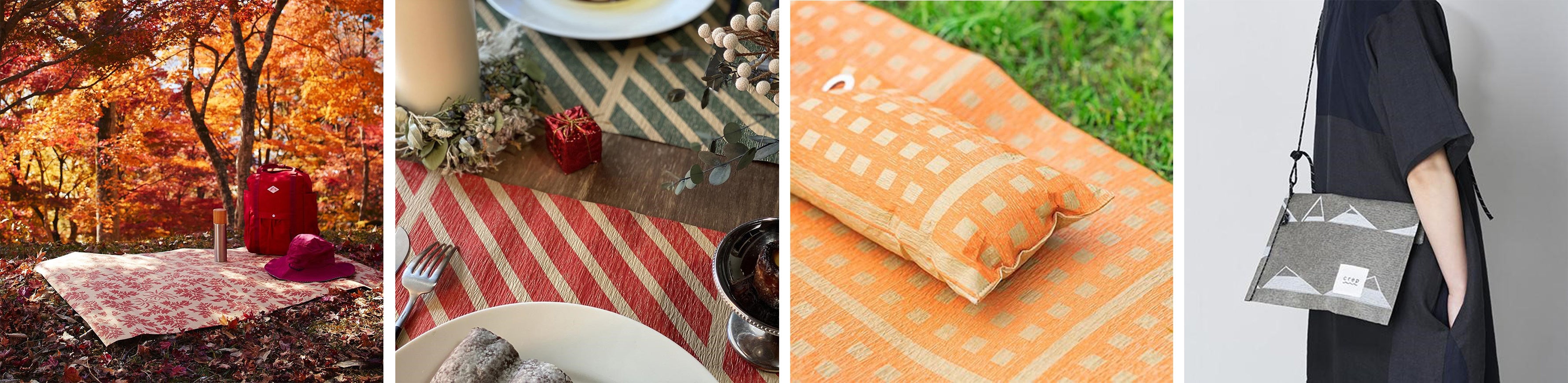 （左から）ピクニックラグ、テーブルマット、ピクニックピロー、DAYサコッシュ