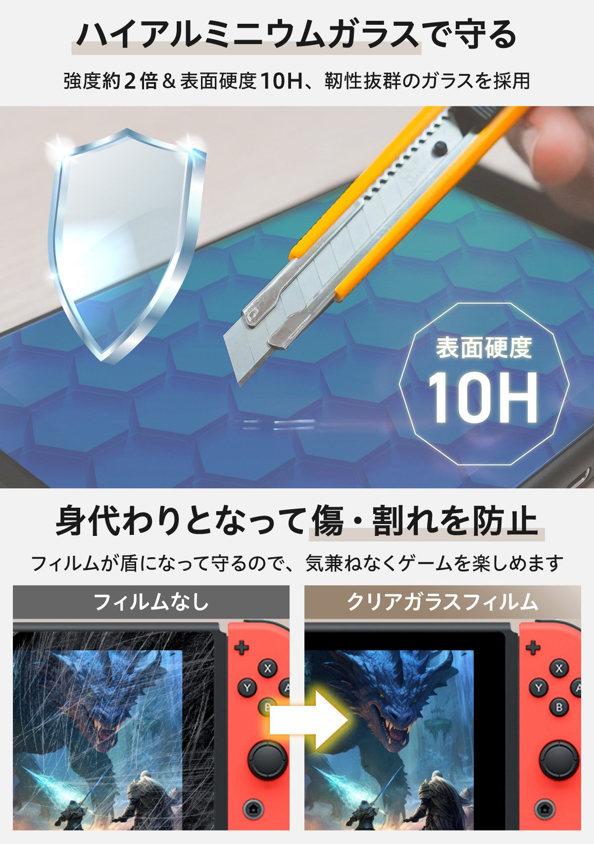 ニンテンドースイッチ用、貼り付け超簡単ガイド枠付きのガラス