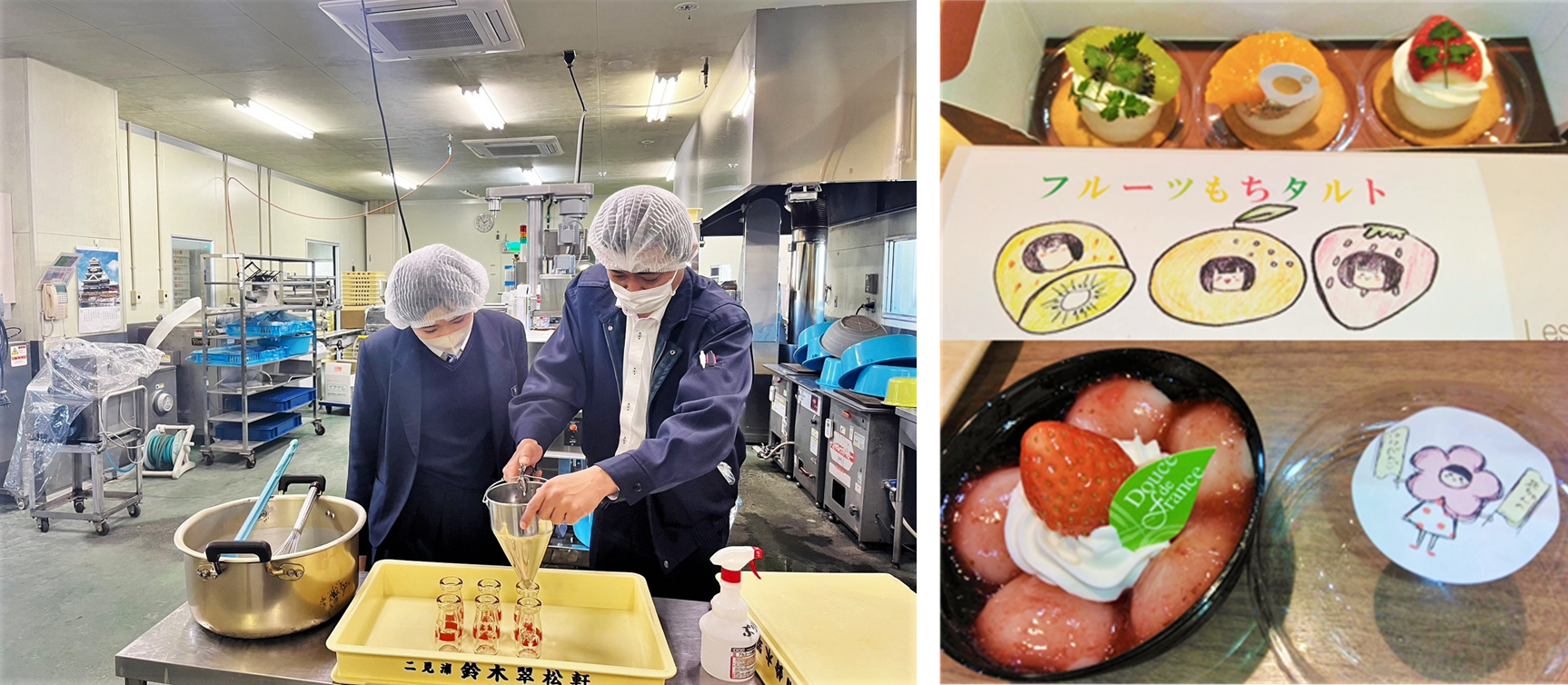おすすめスイーツの事業所へ取材／スイーツ開発（上：フルーツもちタルト、下：花ちゃんのはなだんご）