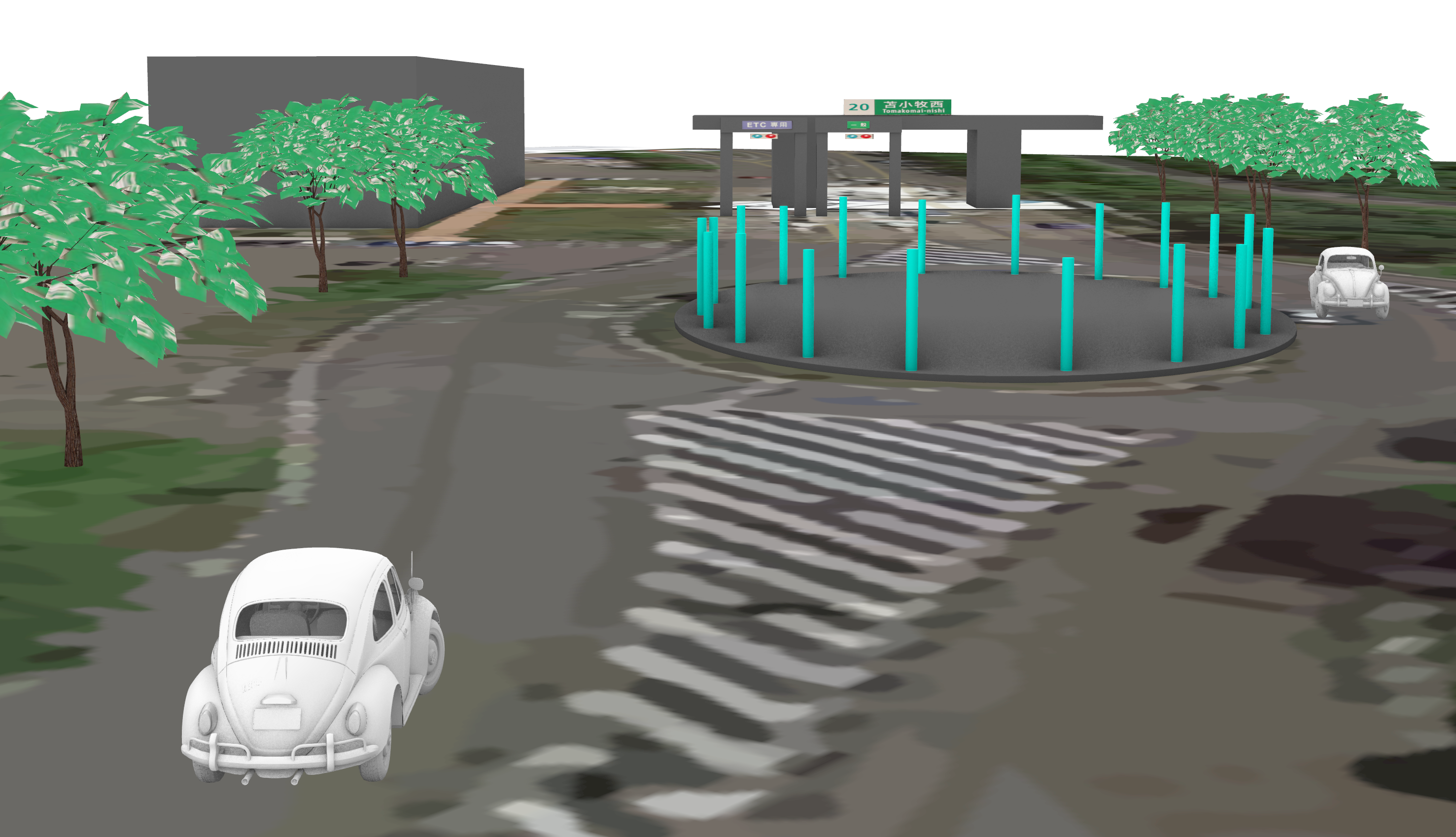 LEDポール型誘導灯設置イメージ。誘導灯はインターチェンジ通行止めの間は昼夜限らず点灯し、日中でも認識できるよう光を調整しています。