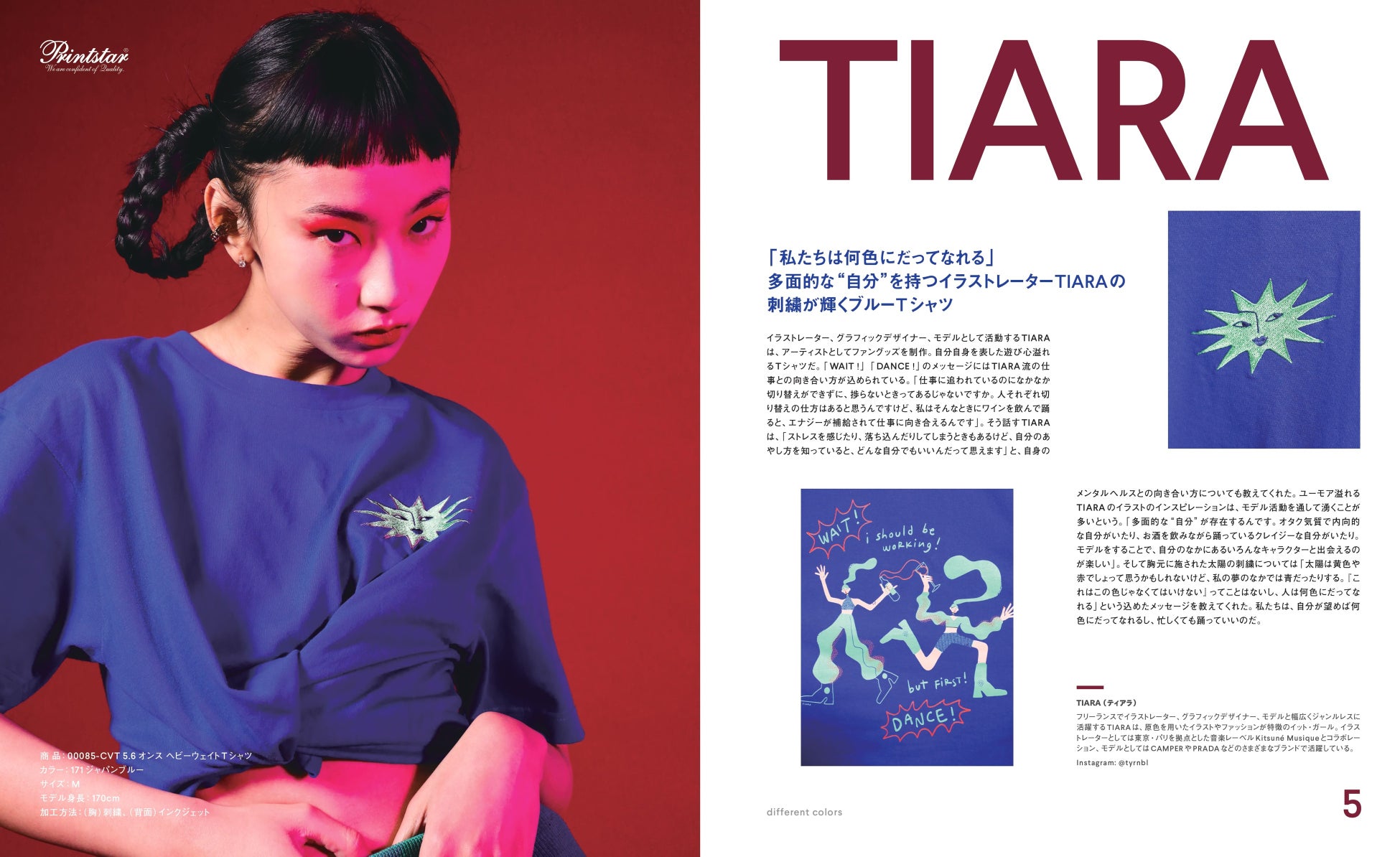 TIARAさんはジャパンブルーのボディに、ご自身がデザインしたイラストの刺繍とインクジェットプリント(※4)を施し、ファングッズをつくりました。