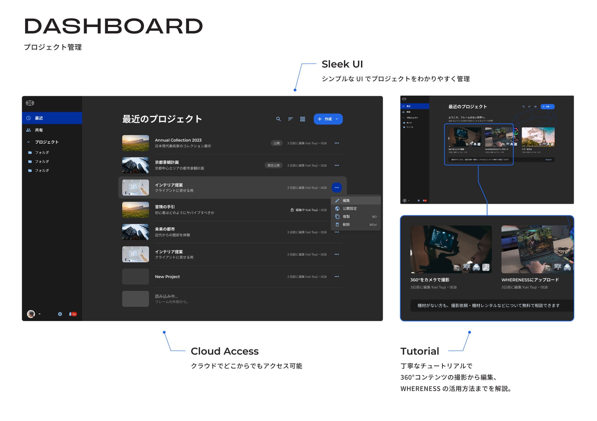 ダッシュボード画面では、複数のプロジェクトを管理することができます。また、360°メディアの撮影方法や編集のしかたをチュートリアル動画で学ぶこともできます。