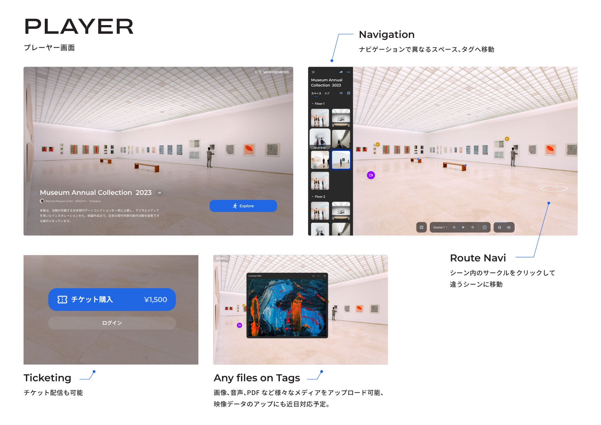 シンプルで直感的に使えるデザインなので、その場にいるかのように空間内を自由に歩き回ったり、別の場所へ移動することができます。