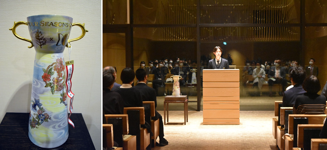 左）京都府立陶工高等技術専門校によって提供された焼物の優勝トロフィーは校内コンペを経て同校の訓練生が製作期間4か月以上をかけ完成させたオリジナル 右）第一回の優勝者は日吉ヶ丘高校2年生の葛城千佳さん。テーマは Event that Changed Me