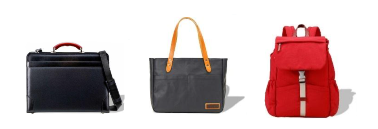 左から、豊岡鞄「木手大割れダレス」、「横型トート天ファスナー」、「マザーズリュック」