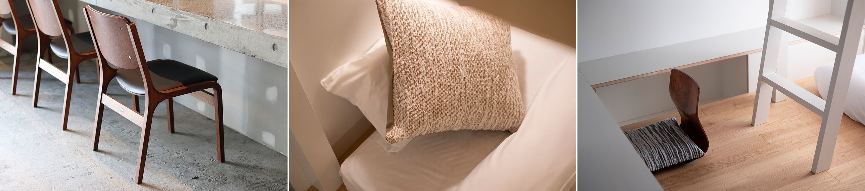 　（左）山形県の天童木工のヴィンテージ椅子（中央）岩手県の裂き織りのクッション（右）客室の床には岩手県産の栗のフローリング