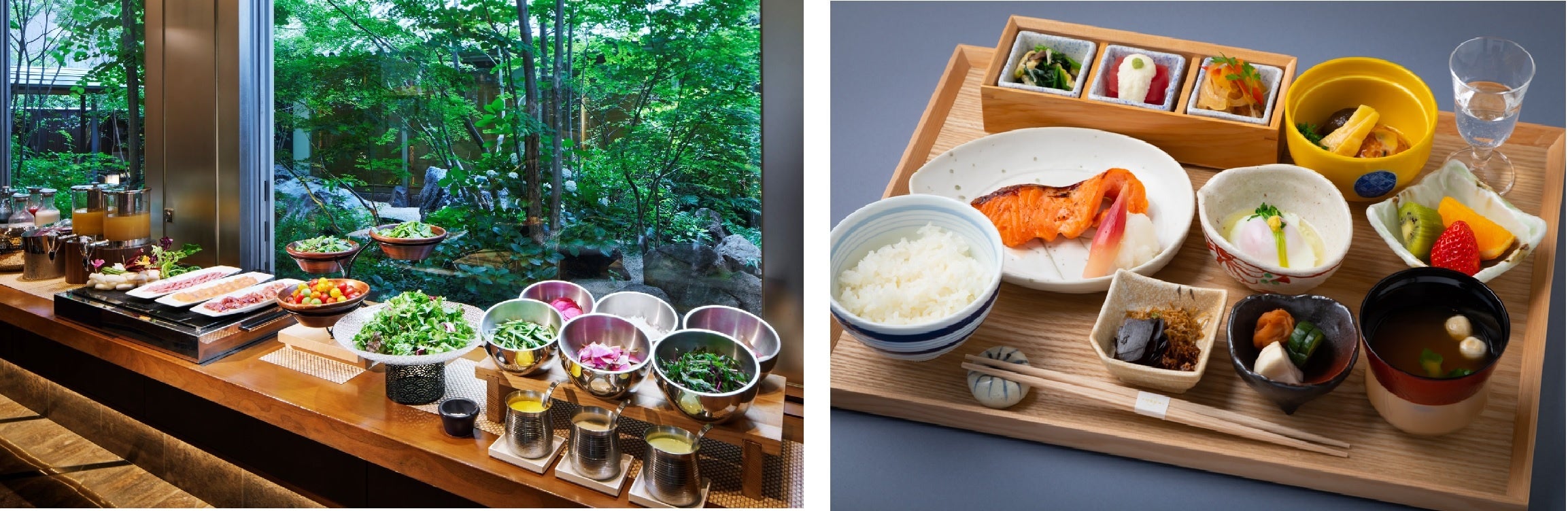 朝食は、「ダイニング 流」の洋食ブッフェまたは「日本料理 縁」の和朝食からお好きな方をお選びください。 どちらも「東京の朝ごはん」をテーマに東京の食材にこだわっています。