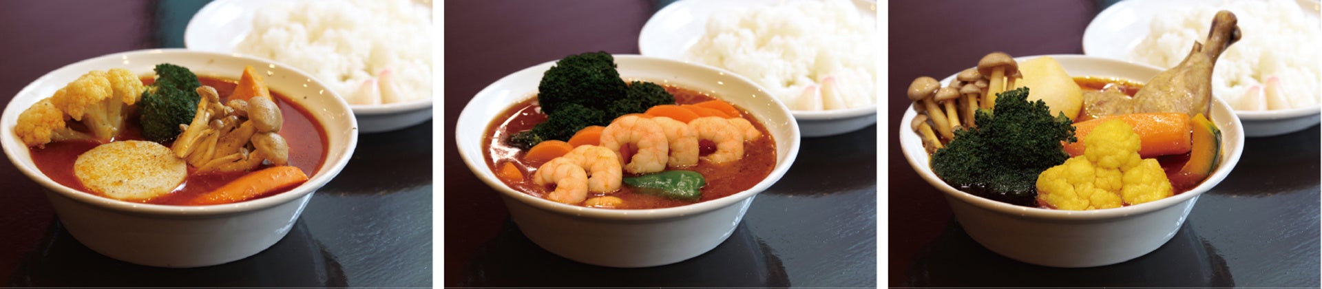 左から　やさいカリ ￥1,600（税込）、 えびカリ ￥1,600（税込）、 とりやさいカリ ￥1,900（税込）