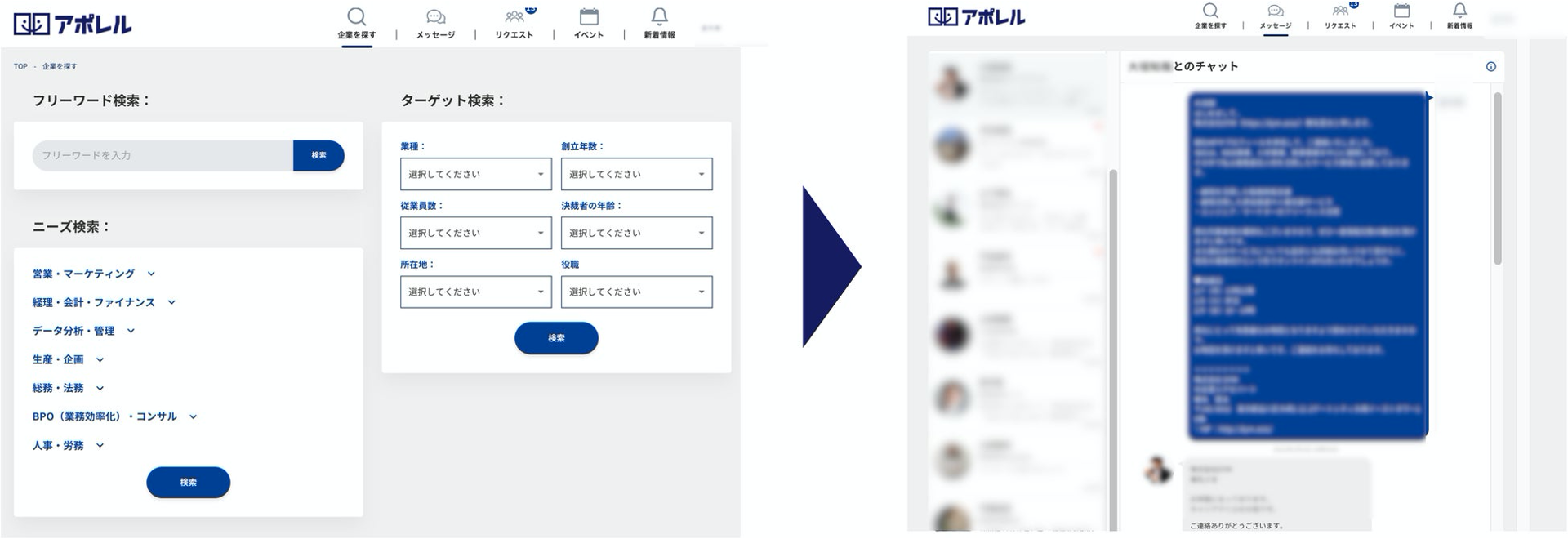 ▲アポレルでは、ターゲット企業の決裁者を検索し直接メッセージを送付することが可能です。