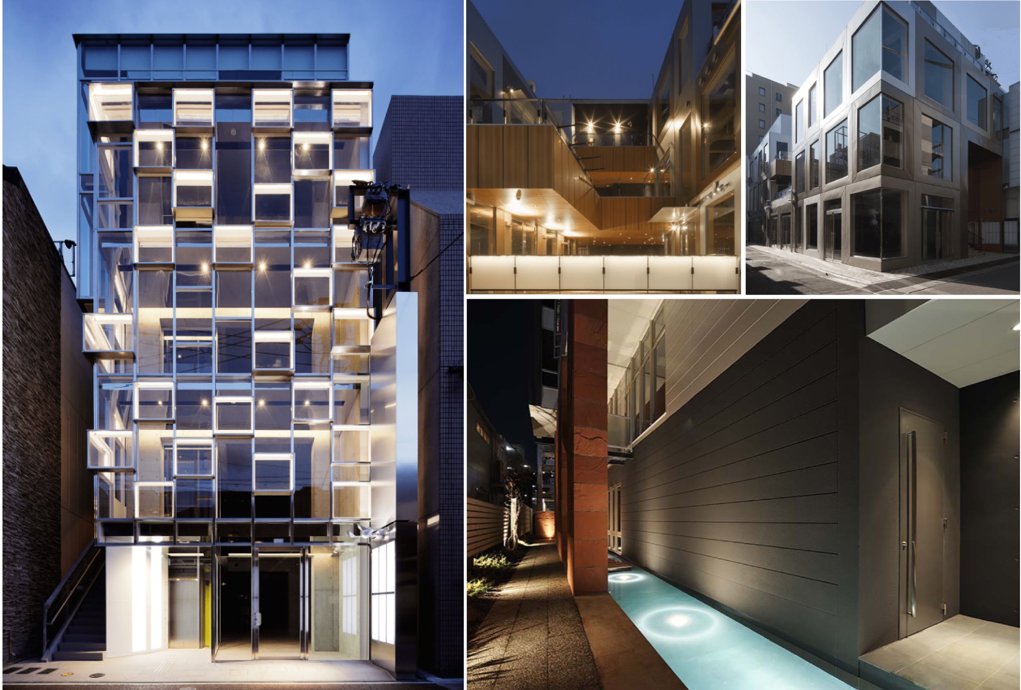 左から：DAIMYO BEAUTY COMPLEX（福岡市中央区大名, 2010年グッドデザイン賞）, D.SIDE（福岡市中央区天神）,  ASCOT TERRACE（福岡市中央区西中洲）