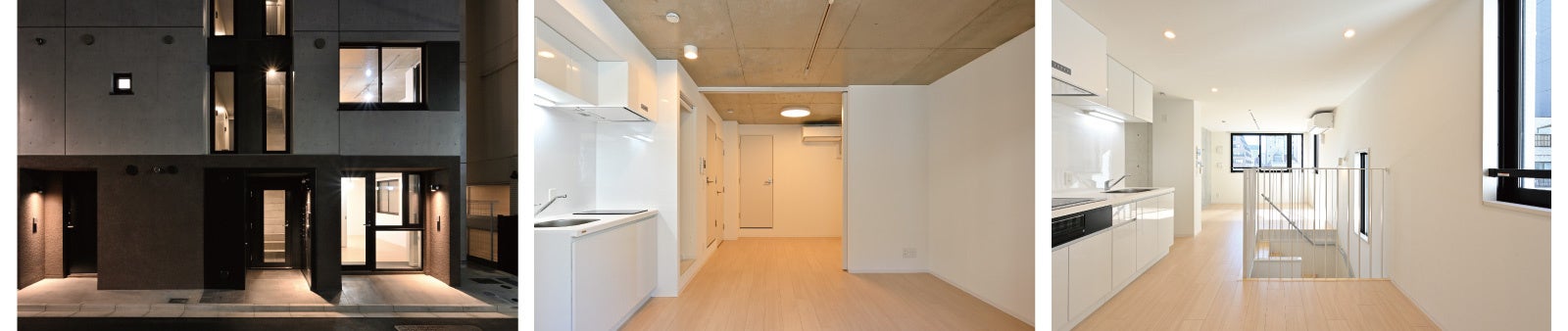 右から)街路から直接入れる１階住戸への専用エントランス（SOHO想定）／コンパクトながら家具配置のしやすさも意識した居室／最上階の眺望を活かした明るく開放的なLDK