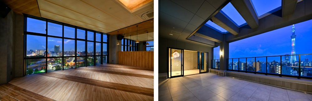 左から)13階のレストランスペース／13階のテラススペース