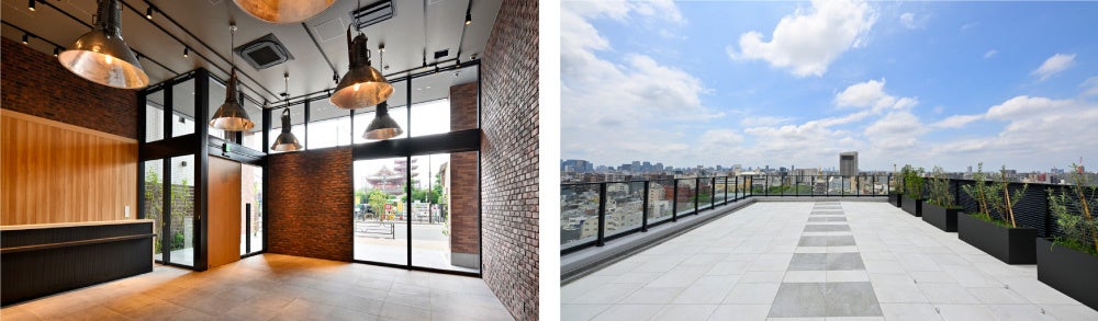 左から)エントランスホール／屋上のテラススペース