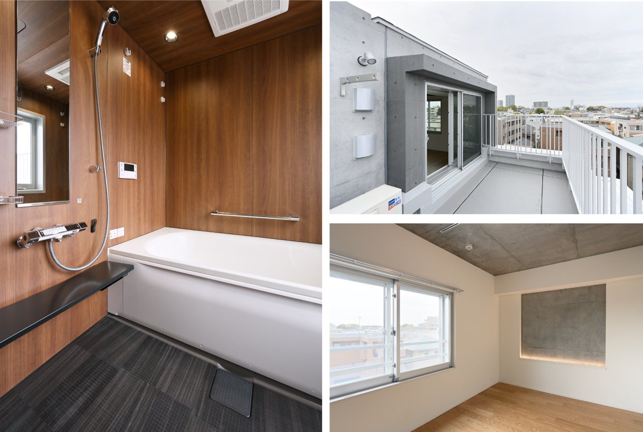 左）通風と眺望を得られる大型窓付き浴室／右上）メインベッドルームからリビングまでつながる大型ルーフバルコニー／右下）ディスプレイとしても活用できる間接照明のあるニッチ＊を随所に