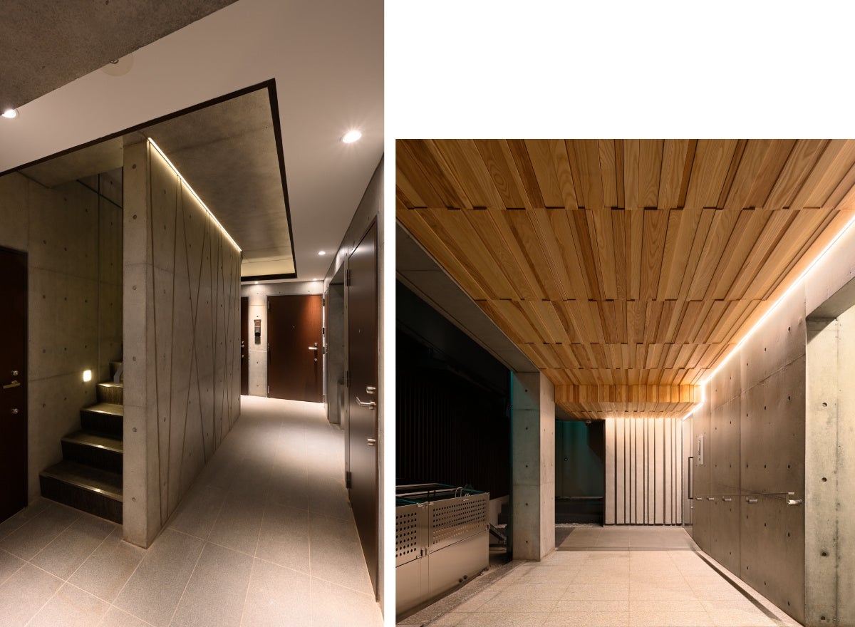 左）不規則なラインがアイストップ効果を生み出す壁と、ホテルライクな間接照明で演出された共用廊下／右）ランダムに配置した木製リブで自然の“ゆらぎ”や“ぬくもり”を表現したエントランスアプローチ天井